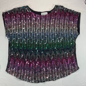 Joanna Vtg Women's Sequin Wave Cap Sleeve Top Black Multi Color M Disco Glam